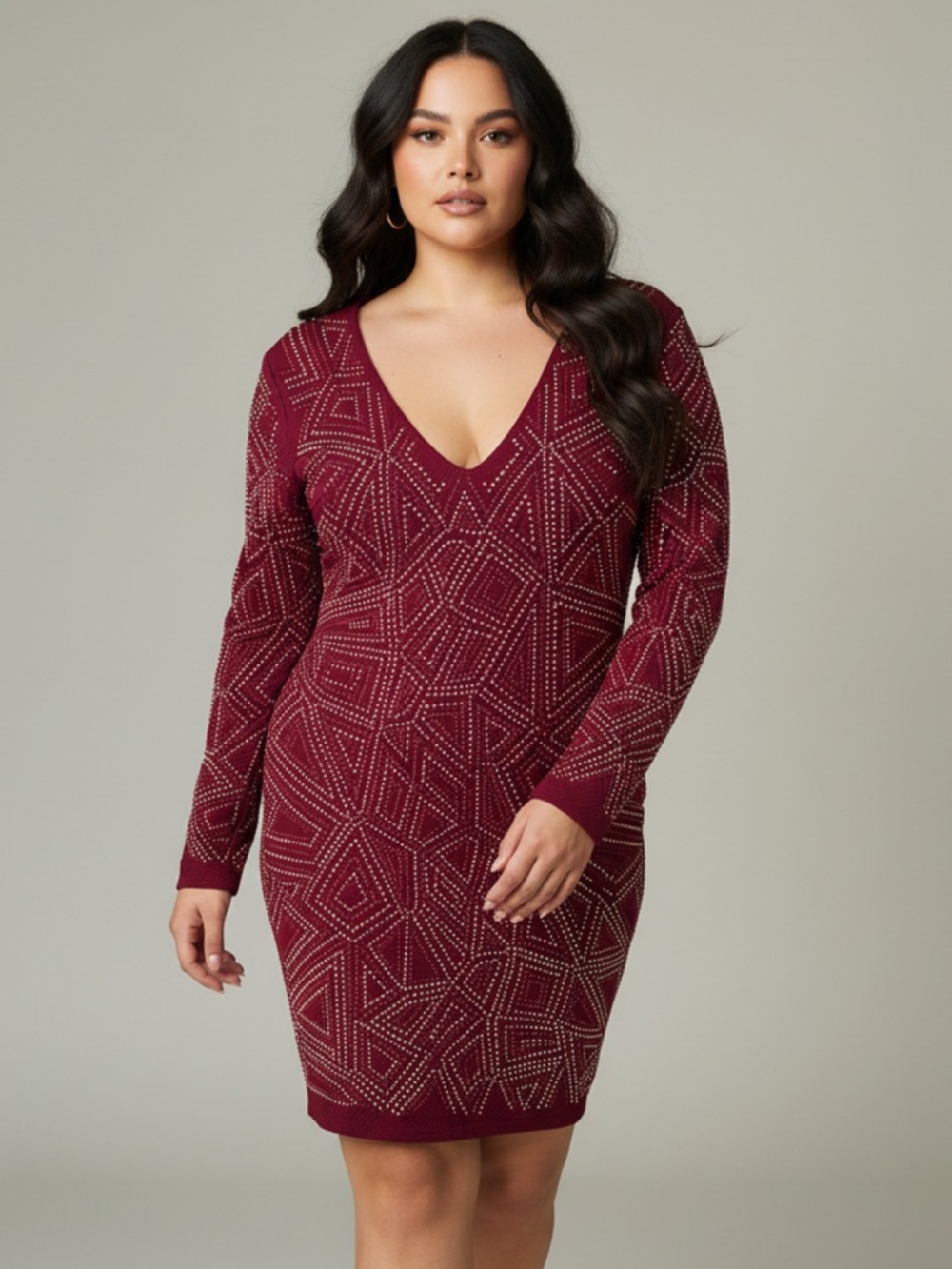 Maroon Geometric Rhinestone dress Red Midi Dress Glam Party Statement piece
